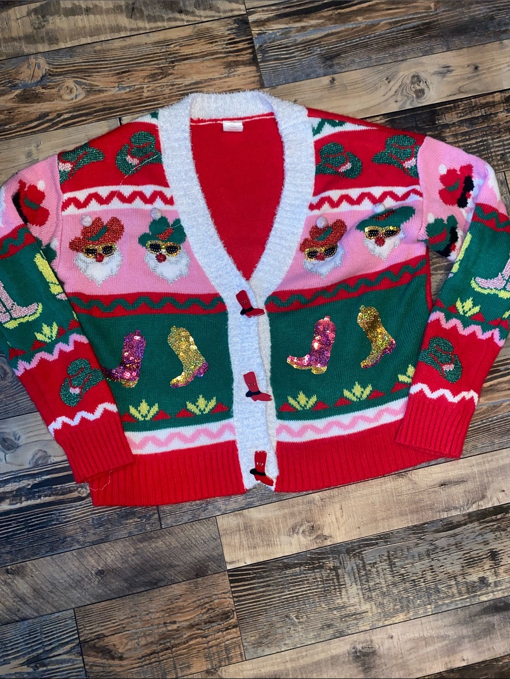 Holiday Time Cowgirl boots Red, Green & Pink Sequin Santa Cardigan